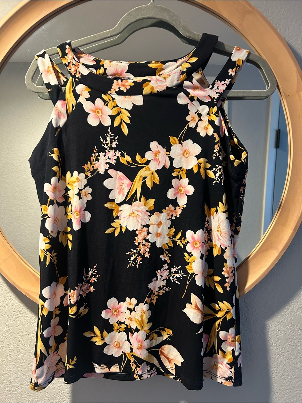 Floral Black Cold-Shoulder Tank Top - Women's